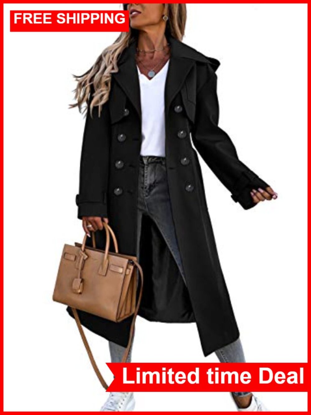 Women's Long Trench Coat Double Breasted Windproof Classic Overcoat